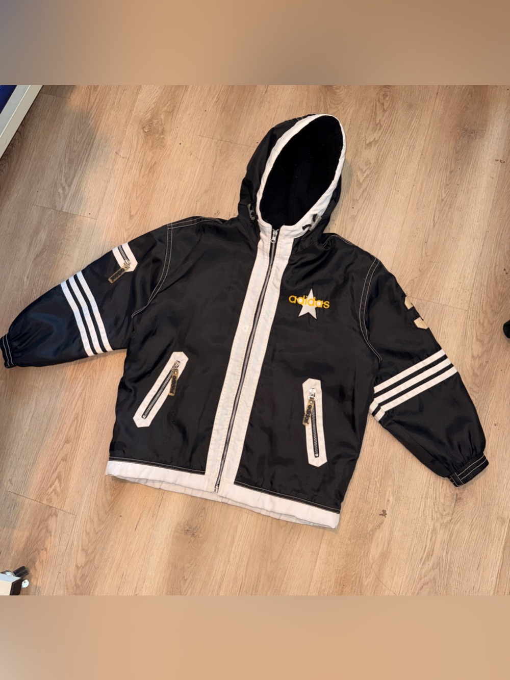 RARE 90s Adidas Star Logo Hooded Puffer Jacket Korean Market Mens S Wms L